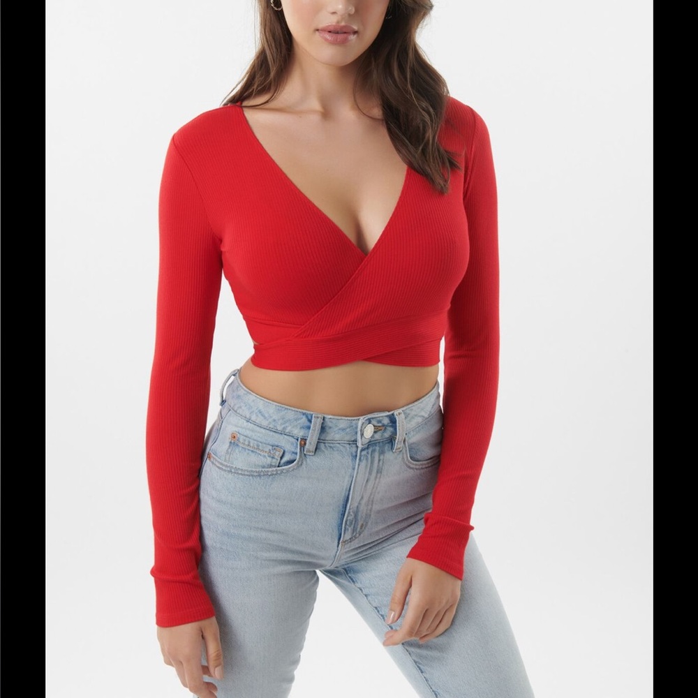 Garage Red Plunge Wrap Top